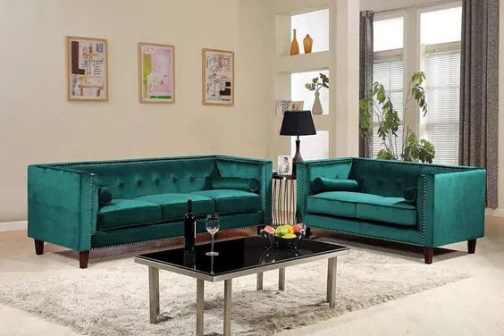 مبل راحتی 2PC Kitts Velvet Upholstered Modern Chesterfield، 78