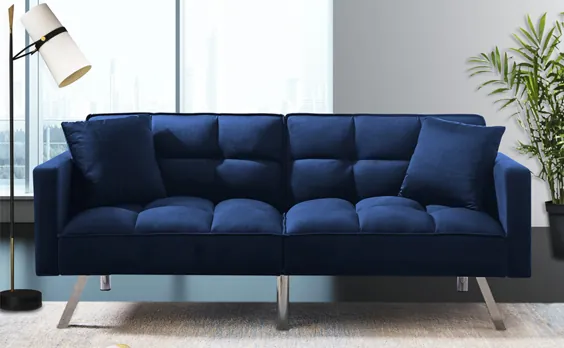 مبل تختخواب شو Olela Sleeper Modern Tuf Futon Couch Convertible Loveseat Sleeper تختخواب مبل مبل دوقلو با بازو و 2 بالش برای اتاق نشیمن ، آبی تیره