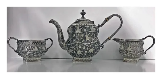 مجموعه چای نقره ای عتیقه کشمیر هند سریناگر ، حدود سال 1910