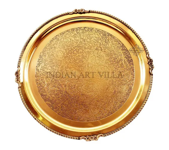 IndianArtVilla Brass برجسته طرح بزرگ جامبو بشقاب Thali - سرویس دکوراسیون منزل هتل رستوران کارد و چنگال