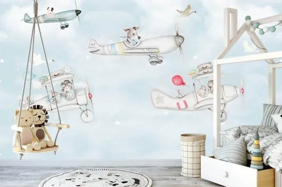 کاغذ دیواری خلبانی حیوانات برای دیوار اتاق کودک هواپیما اتاق خواب پسرانه |  اتسی