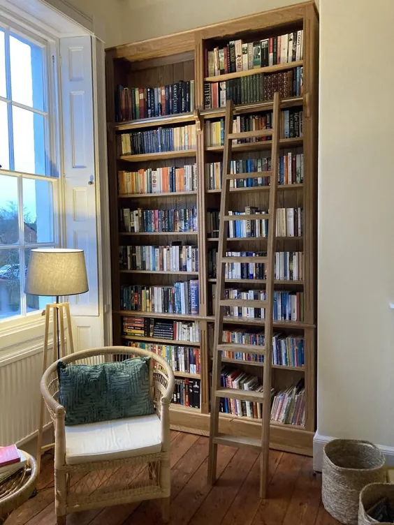 2 قفسه کتاب خلیج بلند با نردبان کتابخانه در بلوط جامد یا کاج جامد