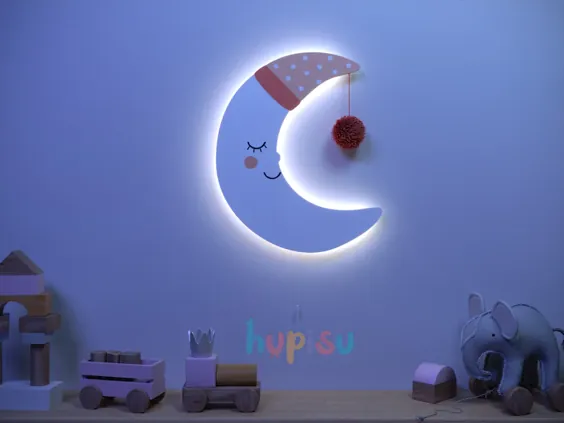 چراغ دیواری ماه ناز چراغ های شبانه ماه چوبی برای کودکان |  اتسی