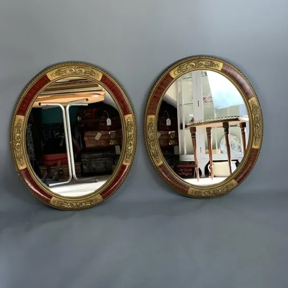 جفت آینه بیضی شکل با قاب چوبی طلاکاری شده Vintage Art Deco c1930