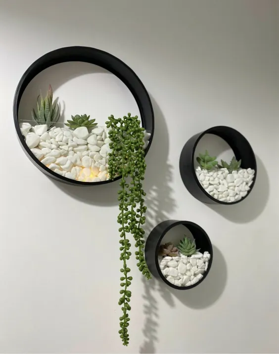 Wall Planters Circular Set Inc گیاهان مصنوعی چراغ های LED سنگ های سفید مرواریدی