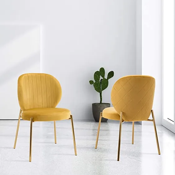 صندلی غذاخوری مخملی DAGONHIL ، چهارپایه آرایشی روکش دار با پایه فلزی طلایی ، ست 2 (زرد)