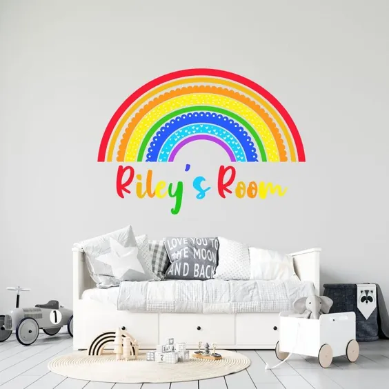 عکس برگردان Bright Rainbow Playroom Decal ، نام سفارشی دیوارکوب مهد کودک - TheVinylCreations - برچسب دیواری رنگین کمان بزرگ