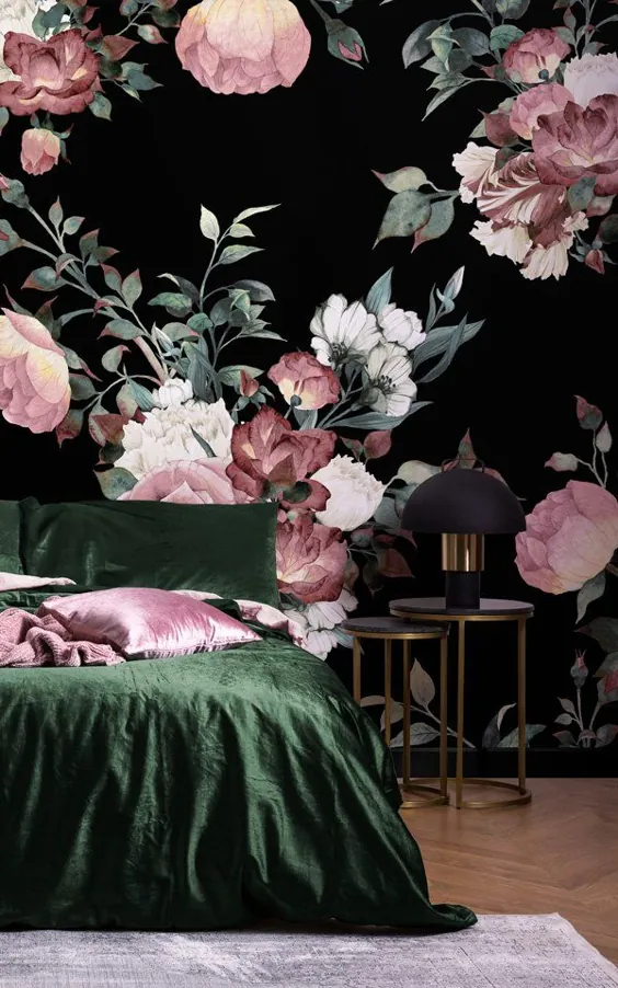 نقاشی دیواری Vintage Pink & Cream Dark Floral |  هوویا