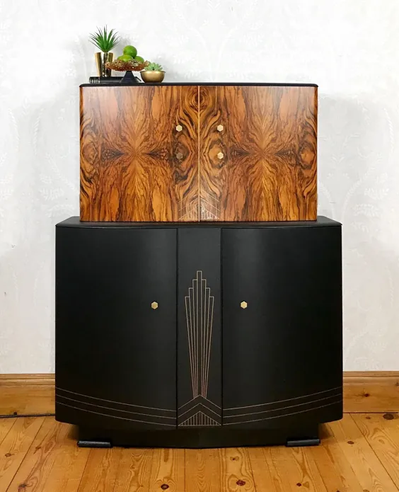 کابینت Coctail Style Art Deco ، کابینت نوشیدنی های بزرگ 1960's Mid Century، Black and Gold، Retro Design |  Vinterior
