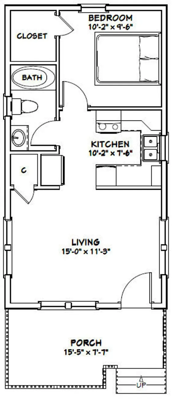 خانه 16x30 - 1 اتاق خواب 1 حمام - 480 فوت مربع - PDF Floor Plan - بارگیری فوری - مدل 1C