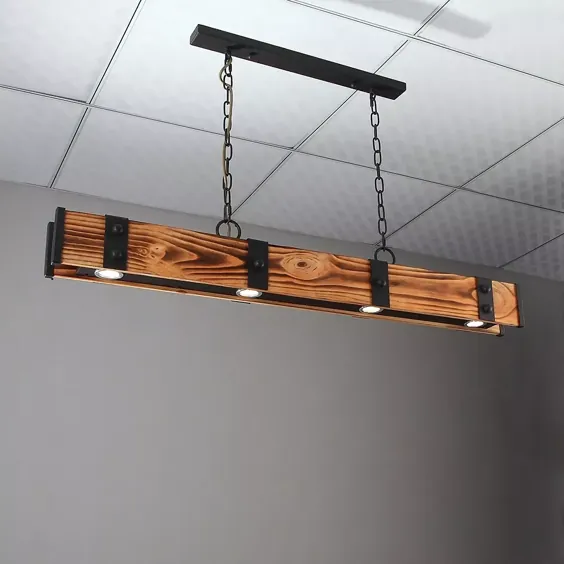 Rowen Industrial Loft Style 4-Light LED Linear Wood Wood & Metal Island آویز چراغ
