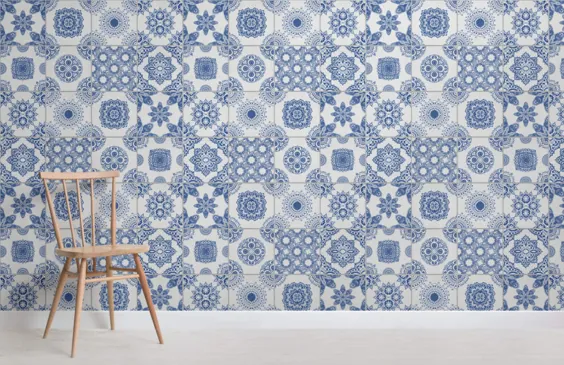 کاغذ دیواری کاشی پرتغالی سفید و آبی |  هوویا