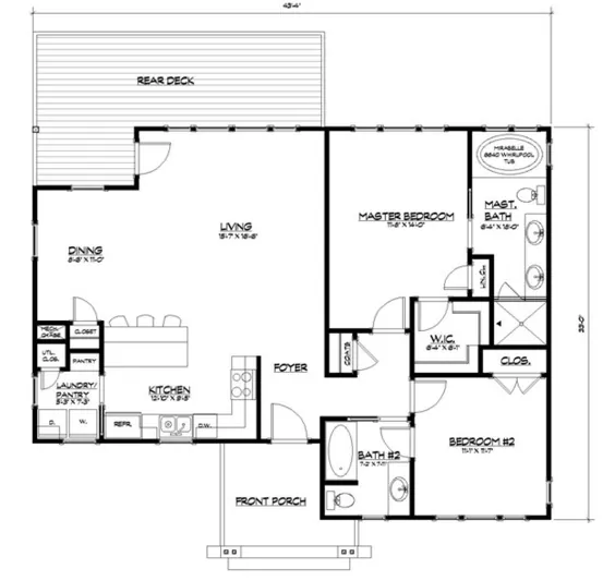 طرح خانه 5738-00001 - طرح اختصاصی: 1،229 فوت مربع ، 2 اتاق خواب ، 2 حمام