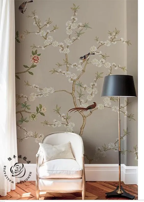 دست نقاشی شده گیلاس درخت کاغذ دیواری کاغذ دیواری دیواری ، گلهای پرنعمت پرندگان