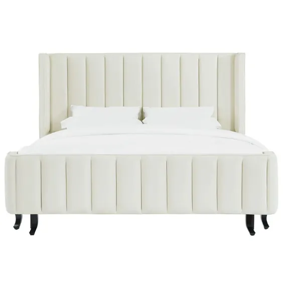 Kathy Kuo Home Victoria Classic Ivory Velvet Channel Upholstered Tufted Bed - Queen |