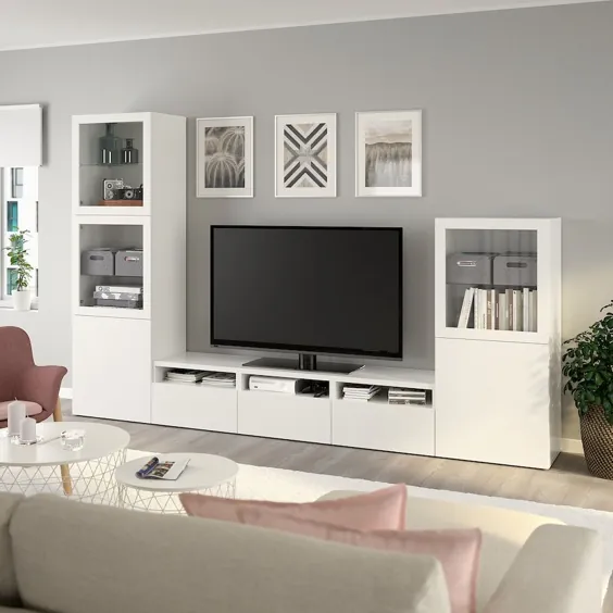 ترکیب ذخیره سازی تلویزیون / درب های شیشه ای BESTÅ ، سفید ، شیشه شفاف سفید Lappviken ، 300x42x193 سانتی متر.  جزئیات کامل محصول را دریافت کنید!  - IKEA
