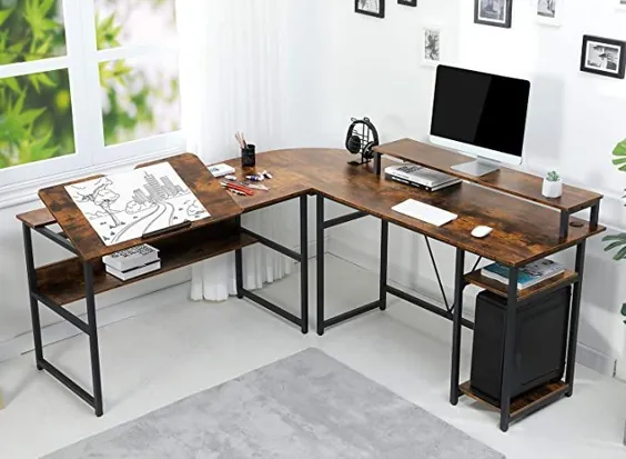 میز کامپیوتر Sedeta L ، میز کامپیوتر 70.9 اینچی گوشه ای با ایستاده بلند کننده مانیتور ، تهیه جدول طراحی با میز قابل انعطاف ، میز کار نوشتن مطالعه ایستگاه کاری میز کار هنری برای دفتر خانه ، سیاه