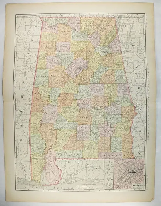Big Vintage 1896 نقشه آلاباما نقشه بزرگ عتیقه Alabama AL |  اتسی