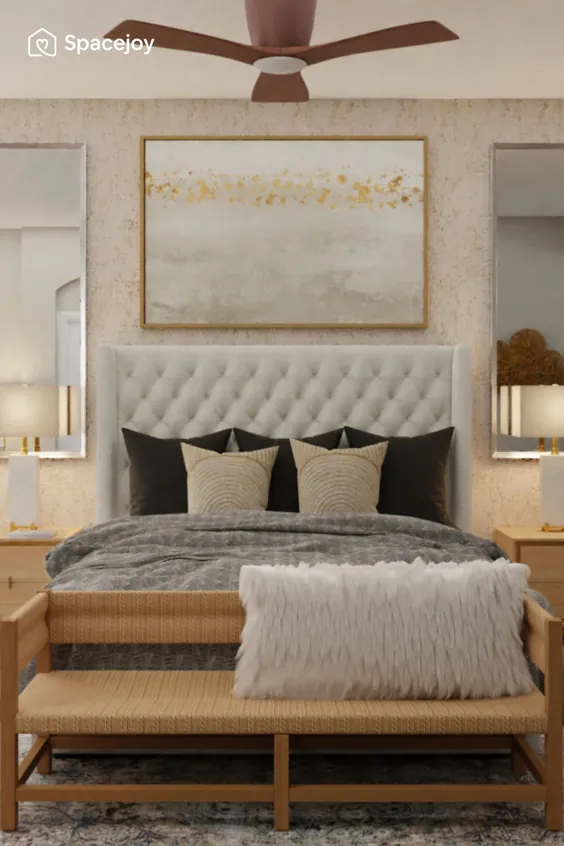 یک اتاق خواب پر زرق و برق با رنگ های خاکی و به سبک معاصر.