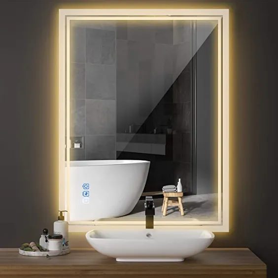 آینه حمام با نور پس زمینه LED ANTEN 36x28 اینچ ، آینه های توکار دیواری با چراغ ، سنسور لمسی کم نور ، آینه آرایش ضد مه 3000-6000K ، افقی و عمودی