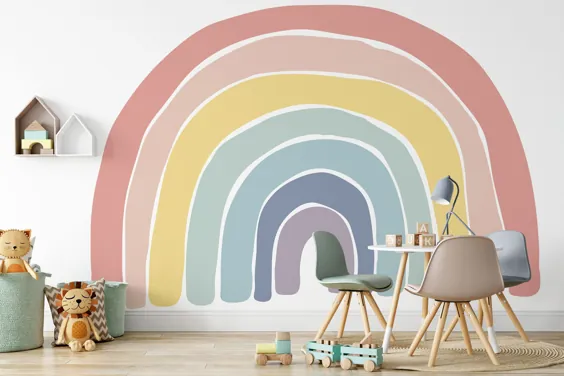 Let’s Chase Rainbows Wall Mural Wallis، هفت رنگ تصویر زمینه رنگین کمان، تصویر زمینه رنگارنگ رنگین کمان، مهد کودک و دکوراسیون اتاق، دیوار هنر