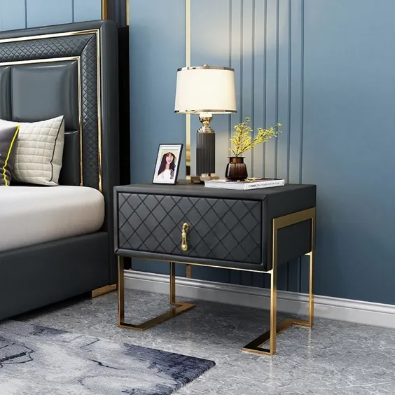 میز تختخواب روتختی روتختی شیک و مدرن با کمد پایه فلزی طلای کشو به رنگ آبی