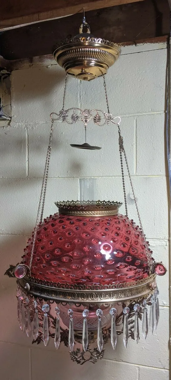 LAMP ANTIQUE HANGING LAMP FRAEW JEWELED FRANBERRY HOBNAIL SHADE