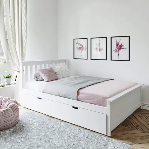 تختخواب کامل و کامل چوب جامد مکس و لیلی ، تخت رنگ Trundle ، سفید