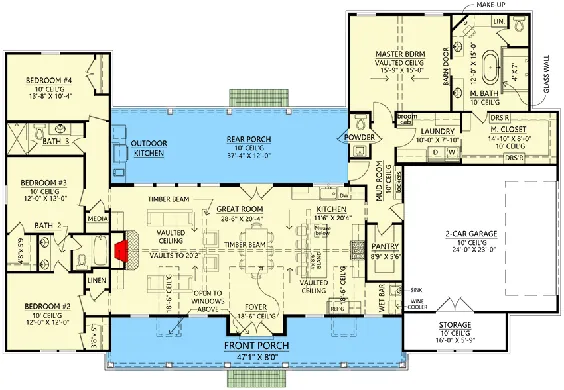 طرح 56496SM: طرح مزرعه مدرن اتاق خواب 4 تخته با فضای مفهومی باز و طاقدار