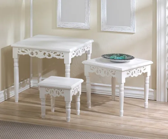 جداول کنار میز لانه دار کلبه شیک 3 سفید |  eBay