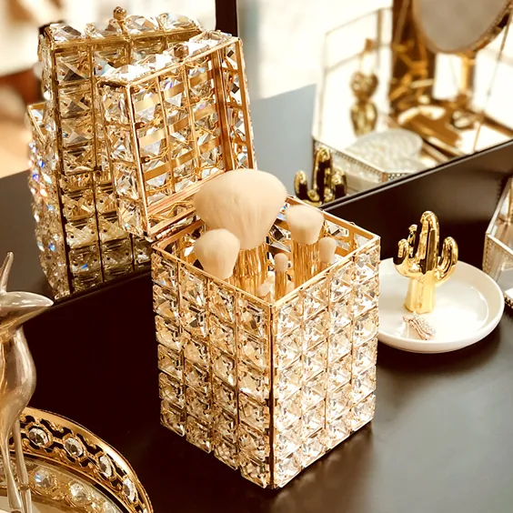 جعبه های طلا و جواهر میز آرایشی تزئینی Crystal Bling Makeup Organizer Holder رژ لب