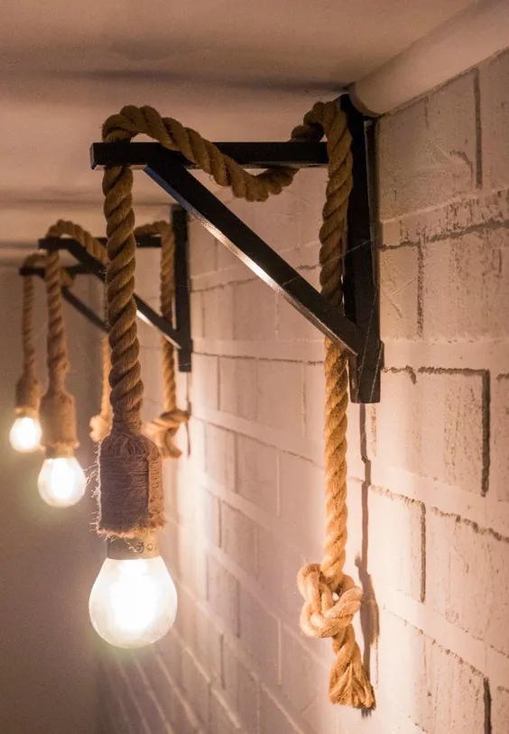 Hang'Em - Pair of Wall Rope Lamp - 2 عدد چراغ چوبی مینیمالیستی دست ساز ساخته شده با طناب روستایی.  چراغ آویز چوبی