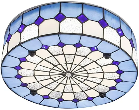 چراغ های سقفی به سبک تیفانی 16 اینچ ، چراغ سقفی Vintage Stained Glass Hallway Flush Mount ، چراغ های سقفی کریستال سایه گرد یکپارچه برای اتاق نشیمن اتاق خواب ، E27 ، آبی