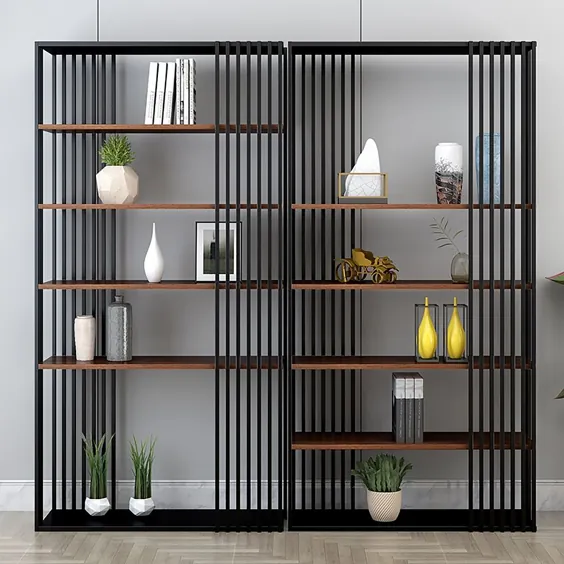 قفسه کتاب مدرن فلزی مستقل با 5 قفسه سیاه و گردو -A