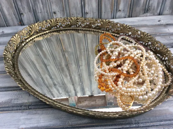 Vanity Mirror Tray Vintage Oval Filigree عطر سینی طلا | اتسی