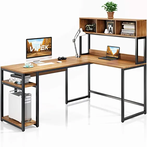 میز تحریر VIPEK به شکل L با هاچ ، میز بزرگ رایانه 69 "میز کامپیوتر ، میز مطالعه میز کار نوشتن میز با قفسه کتابخانه ذخیره سازی ، میز گوشه ای صرفه جویی در فضا برای دفتر کار ، گردو سانتالام