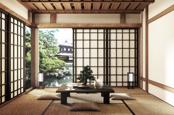 Mock Up - اتاق نشیمن مدرن ، به سبک ژاپنی.  رندر سه بعدی