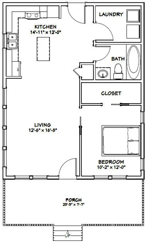 خانه 24x30 - 1 اتاق خواب 1 حمام - 720 متر مربع - PDF Floor Plan - بارگیری فوری - مدل 2E