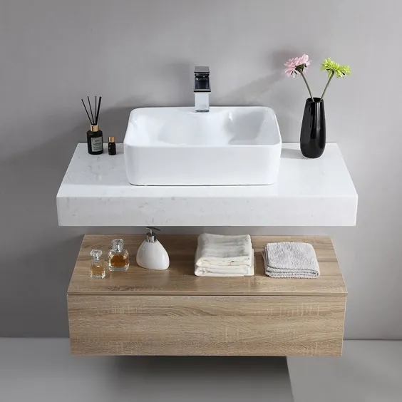 ست حمام تک حمام شناور دیواری 40 اینچ مدرن با روکش نقره ای مصنوعی و سینک ظرفشویی سفید و طبیعی