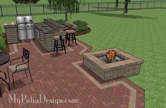505 فوت مربع - طرح پاسیو آجر بزرگ حیاط با آشپزخانه در فضای باز و گودال آتش