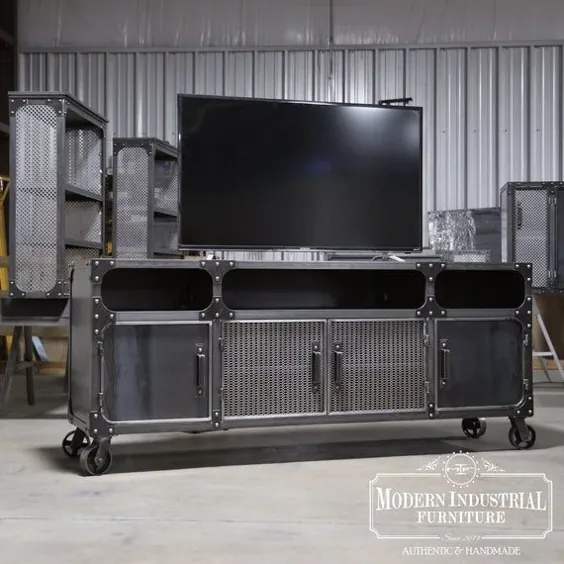 کنسول رسانه ای Steel FreightBar |  مبلمان یکپارچه سازی HiFi Record Player صنعتی Vintage |  فولاد تلویزیون ، مش و چوب |  ذخیره سازی