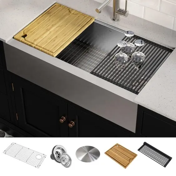 Kraus Kore Workstation Farmhouse Apron Front 36-in x 20-in Stainless Steel Single Bowl Workstation آشپزخانه کیت سینک ظرفشویی همه در یک با Drainboard Lowes.com