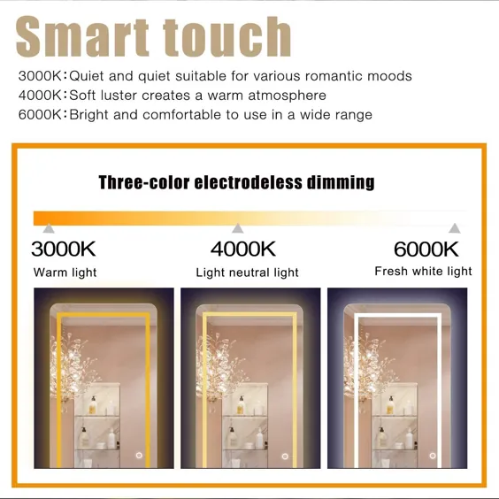 آینه LED تمام آینه دیواری آینه ای با چراغ آینه برای لباس حمام / اتاق خواب / اتاق نشیمن Dimmer Touch Switch ضد آب 47 "x 22" - Walmart.com