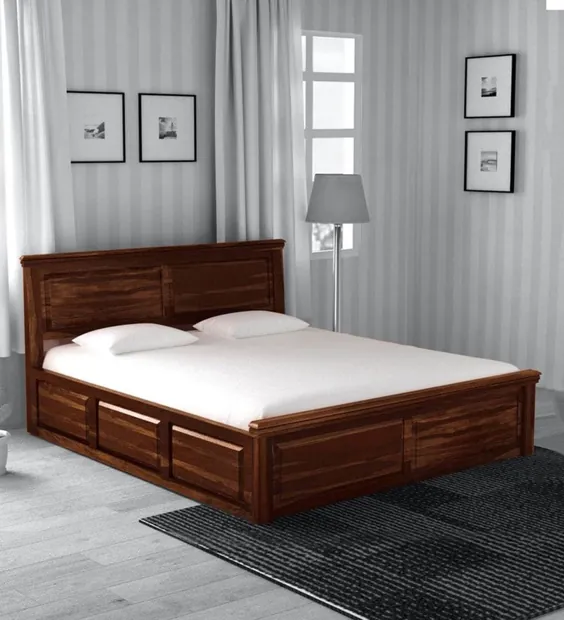 تختخوابهای سنتی به اندازه ملکه - تختخواب ملکه چوبی جامد استنفیلد با انباری در پایان چوب ساج توسط Amberville - Pepperfry