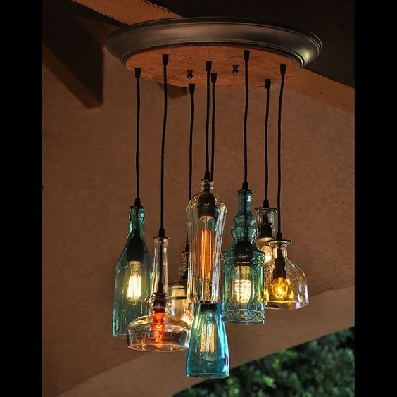 Glendora - لوستر سبک بطری بازیافتی با سایبان های فلزی قابل تنظیم و لامپ های سبک Vintage - دکوراسیون روستایی - نور خانه
