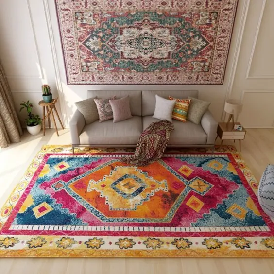 فرش رنگارنگ مراکشی فرش پلی استر هندسی فرش ضد لغزش فرش ضد لغزش فرش مقاوم در برابر لکه قابل شستشو برای داخل - فرش منطقه ای صورتی 5'11 "x 9'2"