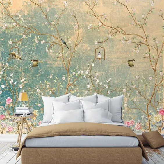 کاغذ دیواری Chinoiserie با پرندگان پرگل پر از گل متحرک |  اتسی