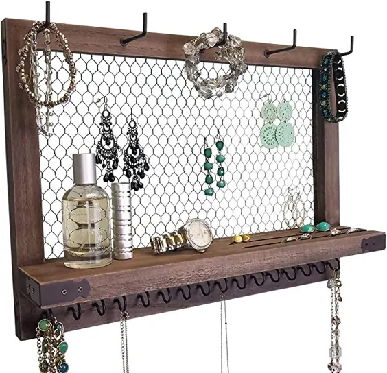 Outshine Larger Farmhouse Wall Jewelry Wall Organizer and Wall Decor (اسپرسو / مشکی) | گردآورنده وال دیواری گوشواره ، گردنبند ، دستبند ، لوازم جانبی مو | جا گوشواره سیم مرغ شکل الماس | هدیه ایده آل برای زنان ، همسر ، مادر ، دوست دختر