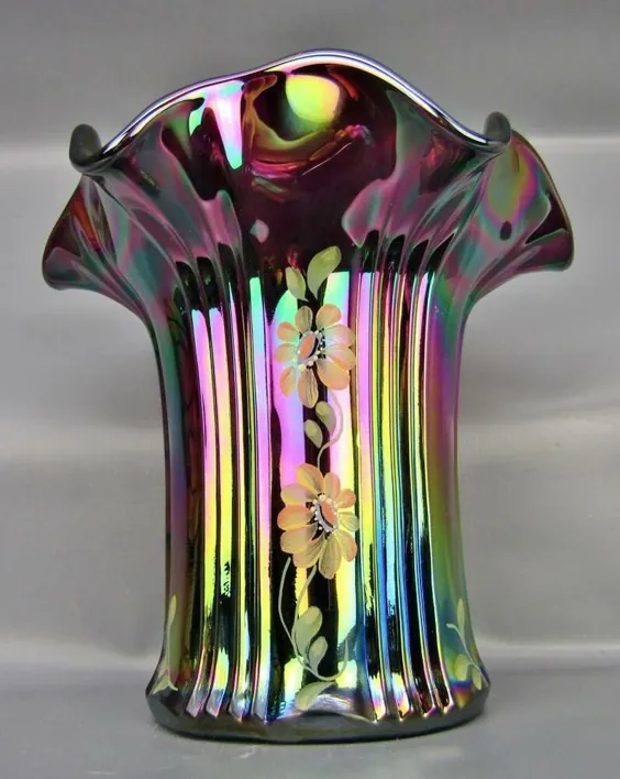 دستمال شیشه ای مدرن Fenton GOLDEN DAISY Amethyst Carnival 6 Vase 6081