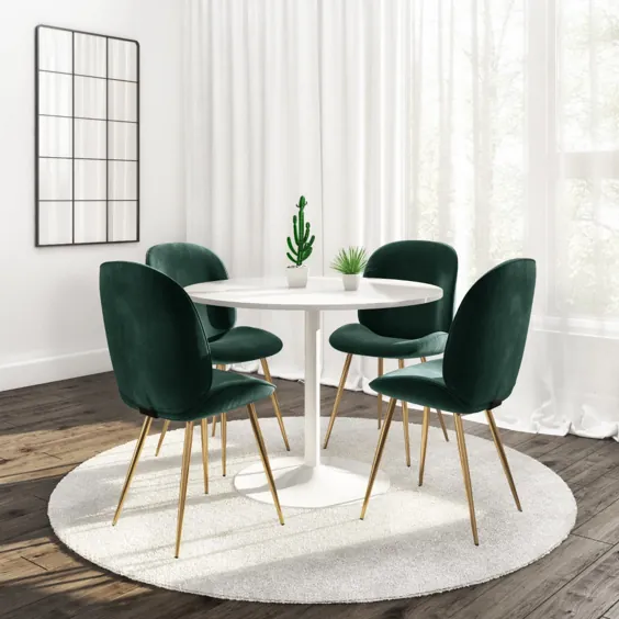 میز گرد و 4 صندلی جنا سفید در مخمل سبز با پاهای طلایی |  مبلمان 123